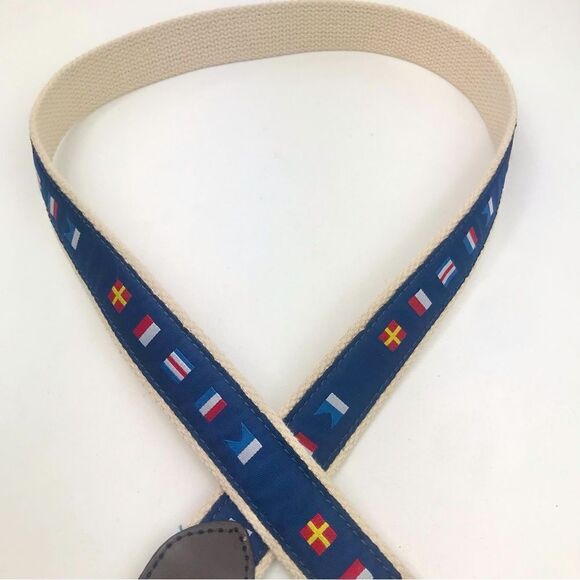 Navy Blue Multicolored Nautical Flag Woven Cream Cotton Leather Tip Belt - Picture 6 of 12